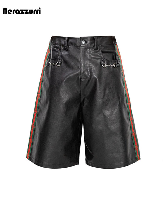 Nerazzurri Summer Patchwork Pu Leather Shorts for Men Cool Handsome Luxury Designer Calf-Length Pants Emo Menswear Clothes 2026