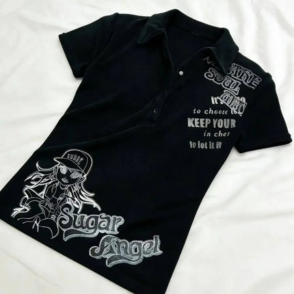 Y2K Japanese Streetwear Polo Shirt Women Slim Crop Tee 2025 White Short Sleeve Tops Letter Badge Houndstooth Vintage Harajuku