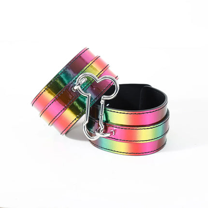 Rainbow BDSM Kit PU Leather Restraints with Handcuffs Cuffs Collar Leash Blindfold Ball Gag Paddle for Couples Role Play Sex Toy