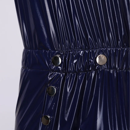 Mens Sleeveless Glossy PVC Leather One-piece Romper Jumpsuit Waterproof Bodysuit Buttons Openable Crotch for Clubwear Swimming