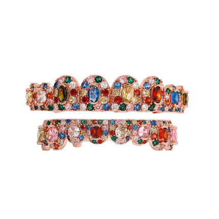 YOUNGX 8/8 Colors Full Iced Out CZ Stone Teeth Grillz Hip Hop Colorful Cubic Zircon Tooth Caps For Women Men Jewelry Christmas