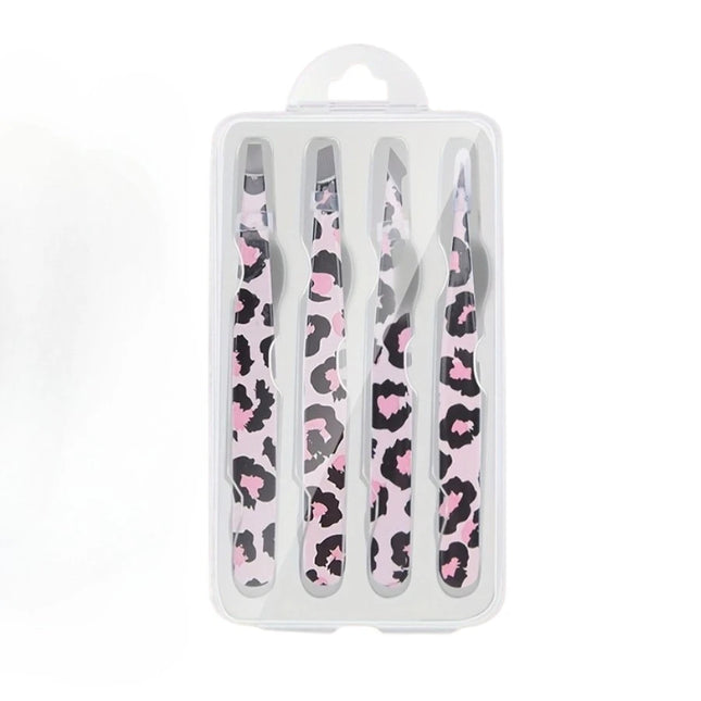 Stainless Steel Wild Leopard Print Eyebrow Tweezers Set 4pcs Makeup Sticker False Eyelashes Tool Christmas Gift
