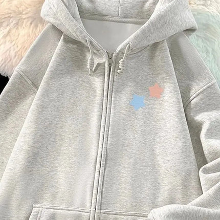 Cute Star Print Zipper Hooded Jacket Spring And Autumn Thin Collection Fashion Trends Versatile Casual Lazy Wind Sweatshirt Girl