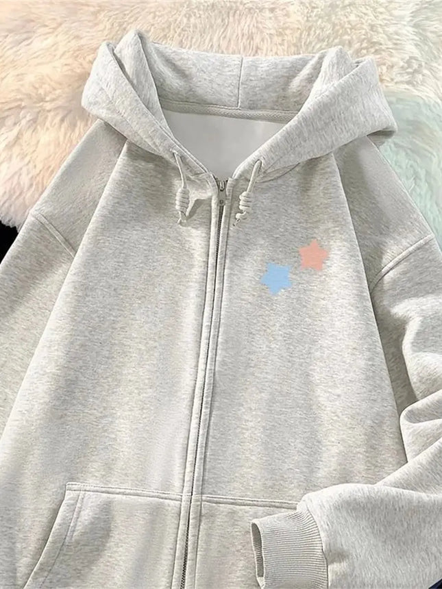 Cute Star Print Zipper Hooded Jacket Spring And Autumn Thin Collection Fashion Trends Versatile Casual Lazy Wind Sweatshirt Girl