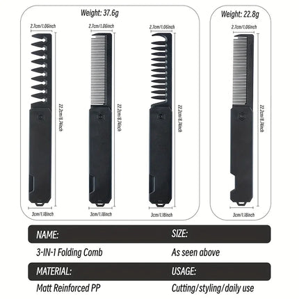 3-in-1 Folding Beard Comb for Men, Beard Comb Brush, Mustache Comb, Hair Styling Tool, Portable Travel Grooming Kit,Gift for Him