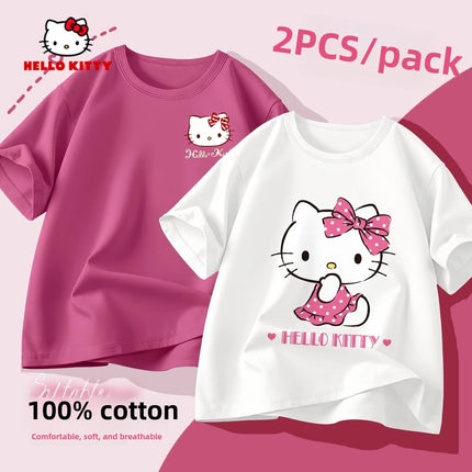 (2 Pieces Per Pack) Sanrio Summer Baby Girls 100% Cotton Clothes Kid Children Girl Hello Kitty Printed T-shirts Short Sleeve Top