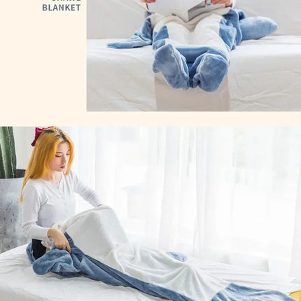 Cartoon Shark Blanket Plaid Gown Sleeping Bag Women Pajamas Adult Blanket Flannel Shark Nightrobe Comfy Bathrobe Homewear Gift