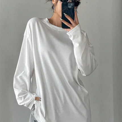Women's Basic Long Sleeve Loose O-neck T-shirt Autumn Winter Solid Color Tee Top Streetwear