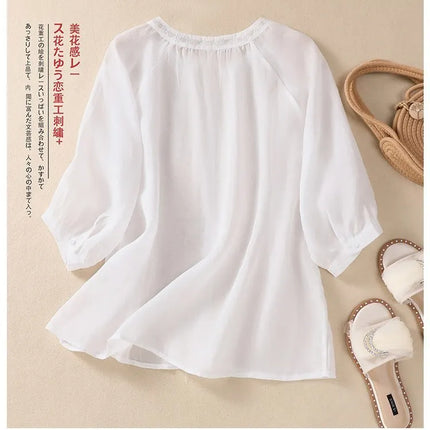 Fashion Thin Cotton Linen Y2k Tops Tee Women Clothing Summer Loose T Shirts Woman Embroidered T-shirt Blusa Casual Ladies tshirt