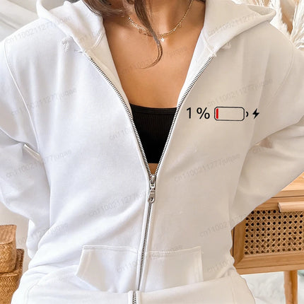1% Battery Design Zip Up Sweatshirts Low Battery Print Women Fleece Hoodies Tops Fashion Zipper Hoodies Unisex Men Jackets Coats