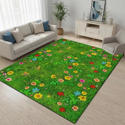 Spring rug Fresh Grass Green Background Large Rug, Small Flowers Scattered Bloom Printed Carpet, Easy-To-Clean Room Mat,door Mat