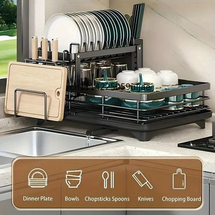 Double-Tier Extendable Dish Drainer – Large-Capacity Utensil Rack & Draining Board for Kitchen Worktops