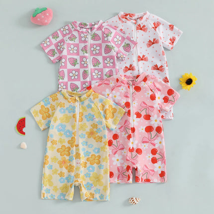 Summer Toddler Baby Girl Short Sleeve Swimwear Bathing Suit Infant Rash Guard Swimsuit Kids Cherry/Bow Print Zipper Beachwear