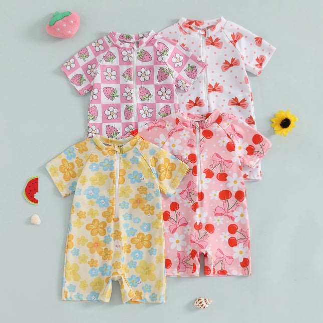 Summer Toddler Baby Girl Short Sleeve Swimwear Bathing Suit Infant Rash Guard Swimsuit Kids Cherry/Bow Print Zipper Beachwear