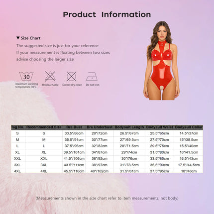 Womens Sexy Lingerie Bodysuit Wet Look Faux Leather Wire-free No Lined Bra Top And Open Chest Halter Crotchless Leotard Tops