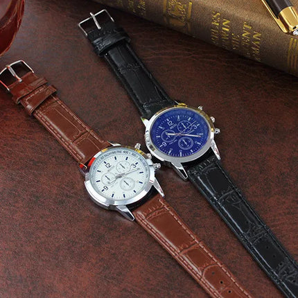 Luxury Blue Ray Glass Watches For Men Neutral Quartz Simulates The Wrist Watch Brand Casual Leather Strap Watches Reloj Hombre
