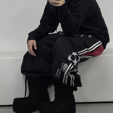 Casual American Street Retro Print Side Stripes Spliced Letter Hip-hop Plush Loose Sweatpants Drawstring Sports Vintage Pants