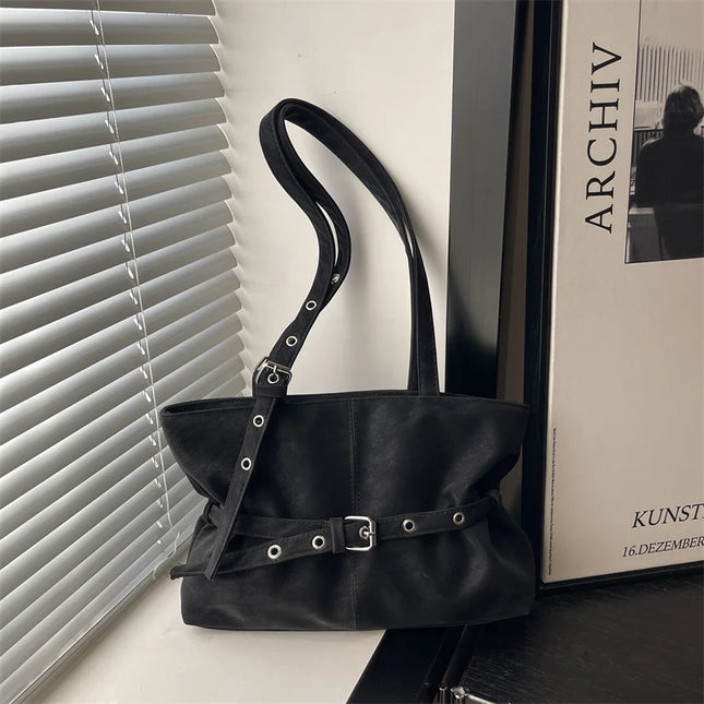 Minimalist Solid Color Tote Bag PU Belt Buckle Detail Lightweight Suede Zipper Large Spacious Shoulder Bag for Travel Commute