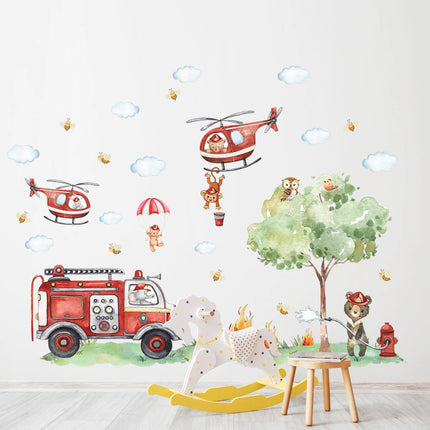 Cartoon A GrouCartoon Animal Fireman Helicopter Fire Truck Wall Stickers for Kids Room Bedroom Nursery Decoration Wall Decals