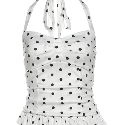 Weird Puss Polka Dot Print Top Women Halter Low-Neck Bandage Ruffles Backless Sleeveless Skinny Summer Trend Street Basic Vest