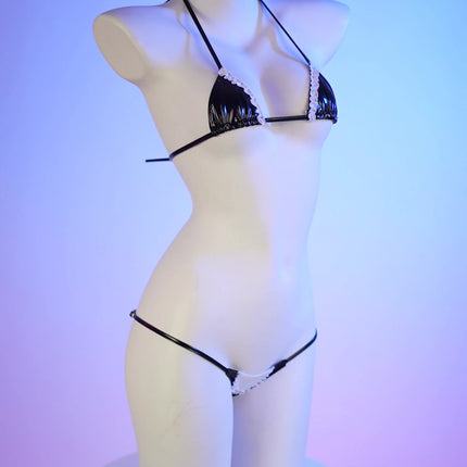 Anime Mini Bikini Set Black  Pu Leather Maid Bathing Suits Leather Bra With Lace Cosplay Costume Girl Swimsuit Role Play Lace