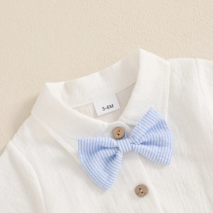 Pudcoco Baby Boy Gentleman Outfit Solid Color Short Sleeve Lapel Neck Romper with Stripe Suspender Shorts and Bowtie 0-18M