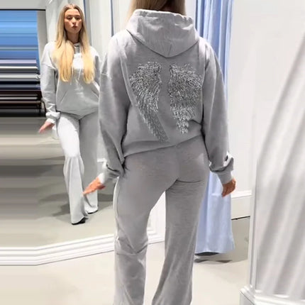 2026 Casual Lady Sweatshirt Set Sequins Angel's Wings Hoodies Women Y2k Chic Loose Long Sleeve Pullovers Top Slim Yoga Pant Set