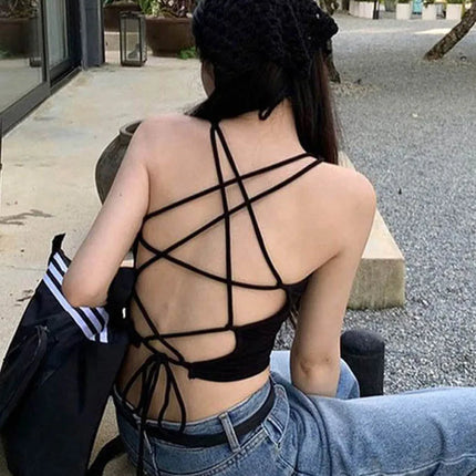 Y2K Women's Tops Backless Crop Top Sleeveless Sexy Cute Black Vest Tank Top Summer Cropped Vest Female 2000s Clothing