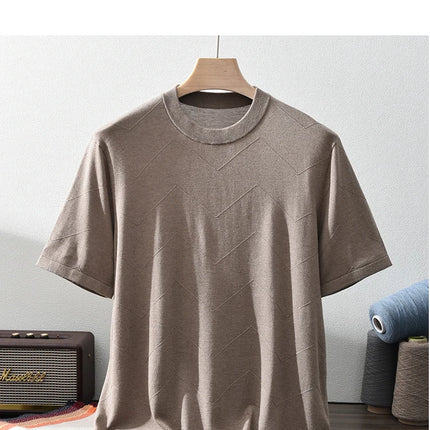 85% Silk + 15% Cashmere Men's T-shirt Casual Solid Color Knitted Pullover Short-Sleeved Round Neck Tees Basic Tops