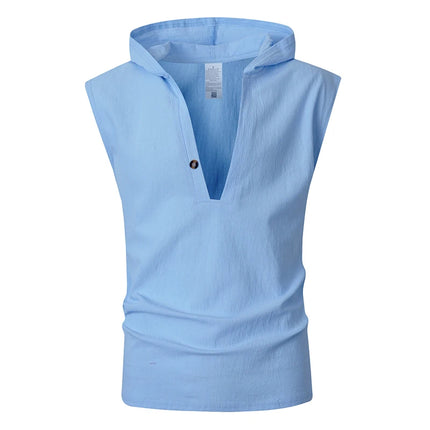 2026 New Men Sleeveless Hooded Tank Top Casual V Neck Button Shirt Summer Daily Beach Travel Vacation Loose Fit Tee