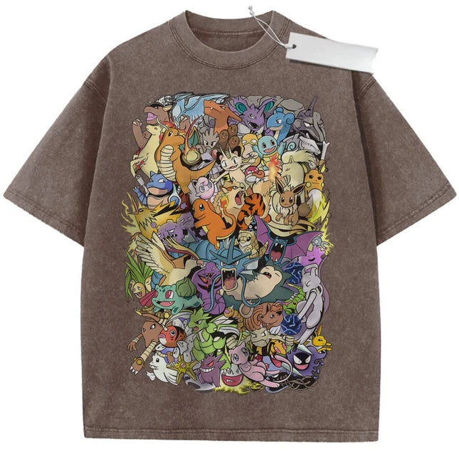 Vintage Washed T-shirt Pokémon Anime Characters Oversized Print Streetwear Fashion Casual Daily Wear Party Campus