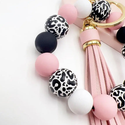 Leopard Print Silicone Bead Keychain With PU Tassel Bag Charm For Adults