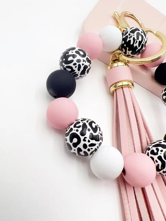 Leopard Print Silicone Bead Keychain With PU Tassel Bag Charm For Adults