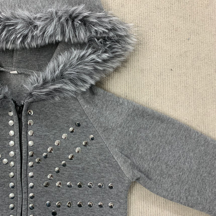 Heather Grey Faux Fur Trim Hooded Cropped Zip Up Sweatshirt Radiant Silver Stud Decor Raglan Slim Jacket