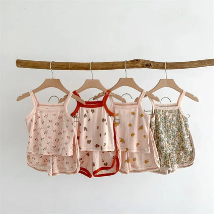Baby Clothes Sets Summer Toddler Girl Strap Suits Cotton Printing Kids Boy Tops Tee and Shorts Infant Tracksuit Newborn Set