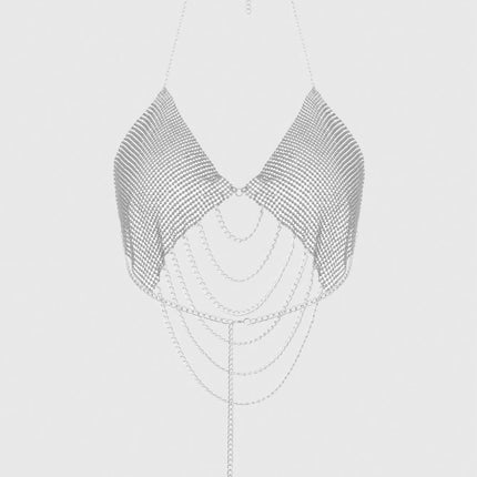 AKYZO Elegant Shiny Rhinestoned V-Neck Halter Crop Top Chic Backless Metal Chain Tassel Tank Top Perfect For Every Season