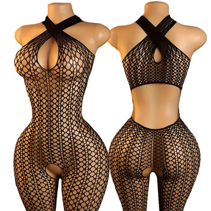 See-through Bra Crotchless Underwear One-piece Bodysuit Lace Lingerie Halter Neck Leak Chest Sex Body Stockings With Large Holes