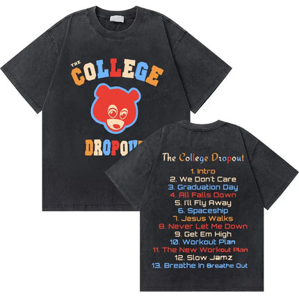 Washed Vintage Rapper Kanye West Graduation Bear Graphic T Shirt Men Pure Cotton T-shirt Men's Hip Hop Fashion Oversized Tshirt