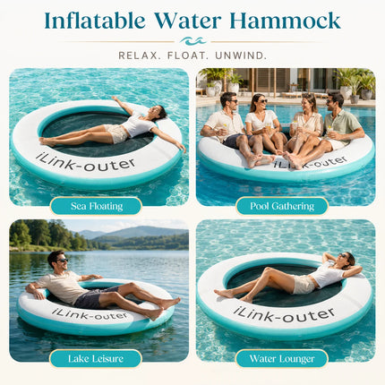 8ft Inflatable Water Hammock Float, Large Round Pool Floating Dock with Mesh Center, Reinforced Handles & Non-Slip Surface, Portable Lounge Raft for Pool Lake Beach, Includes Pump Kit