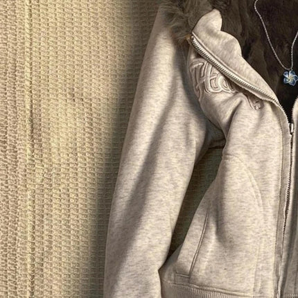 Y2k Aesthetic Vintage Fur Patchwork Hoodies Autumn Grunge Letter Embroidery Hoody Streetwear Cropped Zipper Sweatshirt Jackets