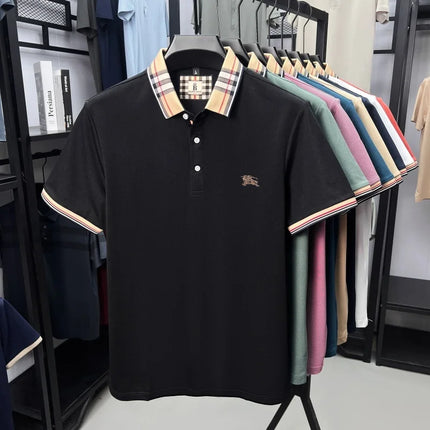 High-end luxury brand men's short-sleeve polo shirt, summer breathable cotton plaid lapel top, fashion embroidered casual T-shirt