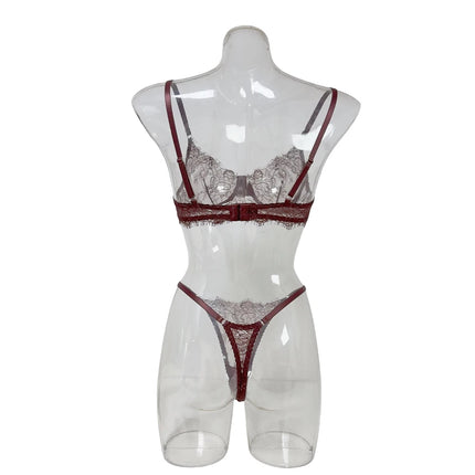 Women's Brown Eyelash Lace Lingerie Set Soft Underwire Sheer Bra with Adjustable Straps Hollow out Thong 2Pcs Romantic Intimates