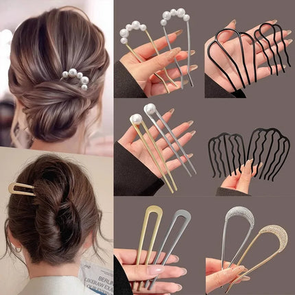 Hair Stick Alloy Bun Maker for Thick Hair Women 4-Prong U-Shape Quick Updo Tool Non-Slip Vintage Hairpin Boho Bridal Accessories
