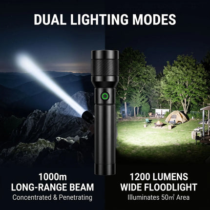 1200LM EDC Handheld Flashlight,USB-C Rechargeable Tactical Zoomable Torch,1000m Long Range,4 Modes for Outdoor Camping Emergency