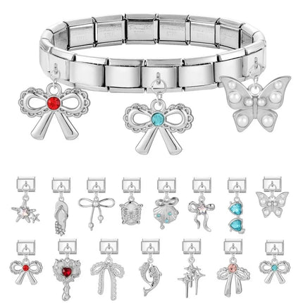 Wholesale Colorful Shiny Zircon Heart Bows Pendant Italian Charm Links Fit 9mm Stainless Steel Bracelet Women Jewelry DIY Making