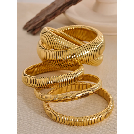 Yhpup Waterproof Stainless Steel Elastic Thick Metal Bracelet Bangle 18K Gold Plated Trend Fashion Unisex Jewelry Men Women