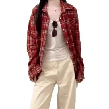 Retro Red Plaid Long Sleeve Women's Shirt Loose Fit Autumn Summer New Style Casual Fashion Open Cardigan Slimming Top Coat