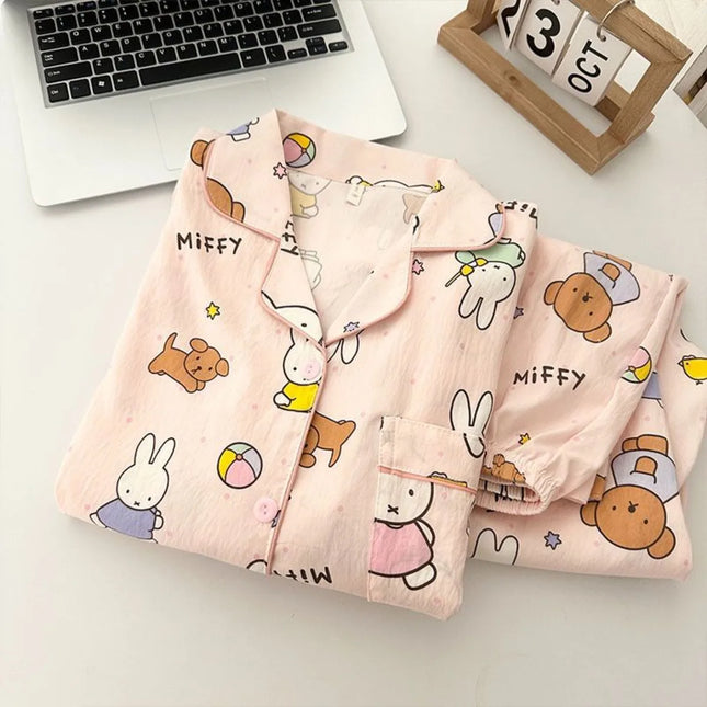 Kawaii Miffy Rabbit Pajamas for Girls Spring and Autumn Cloud Cotton Long-sleeved Pants Set Cute Cartoon Home Wear for Students