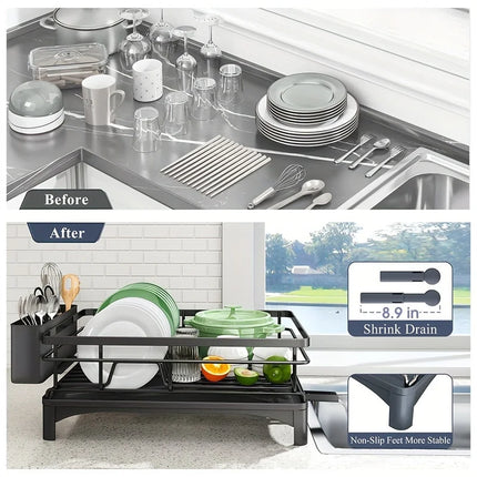 Large Capacity 304 Stainless Steel Dish Drying Rack 360 Degree Rotating with Drain Board Utensil Holder for Kitchen Sink