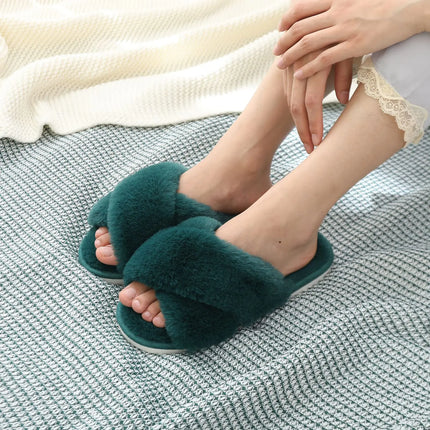 Evshine Women Fuzzy Slippers Fashion Cross Band Memory Foam House Slippers Indoor Outdoor Open Toe Plush Slides Casual Flat Shoe